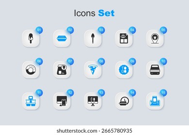 Set Round the clock delivery, Online ordering food, Lunch box, Coffee cup to go, Food on mobile, Ice cream and Slice pizza icon. Vector