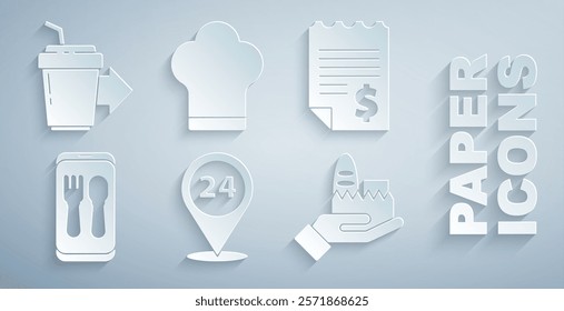 Set Round the clock delivery, Paper or financial check, Online ordering and, Chef hat and Coffee cup to go icon. Vector