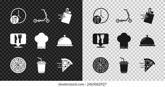 Set Round the clock delivery, Scooter, Online ordering and, Pizza, Paper glass with water, pizza, Cafe restaurant location and Chef hat icon. Vector