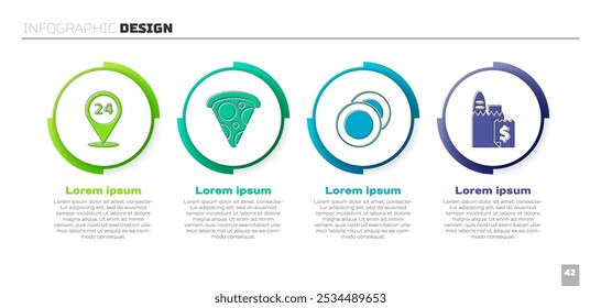 Set Round the clock delivery, Slice of pizza, Plate and Online ordering and delivery. Business infographic template. Vector