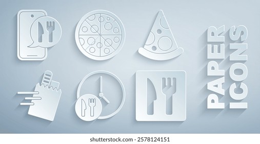 Set Round the clock delivery, Slice of pizza, Online ordering and, Cafe restaurant location, Pizza and  icon. Vector
