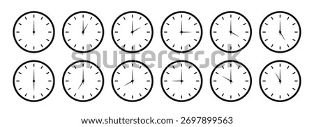 Set of round clocks faces, stopwatch with different time. Clock hands icons.Time simple graphic circle sign, symbol. Watch face illustration. Noon, morning, evening time watch patterns. Hour icon.
