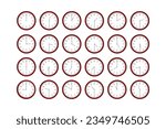 Set of round clocks showing different times of the day from one to twelve at a half hour intervals