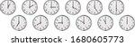 Set of round clocks showing various time. World clock set, time zones. Realistic vector illustration. The clock shows different times of the day from one to twelve.