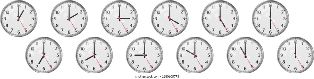 Set of round clocks showing various time. World clock set, time zones. Realistic vector illustration. The clock shows different times of the day from one to twelve.