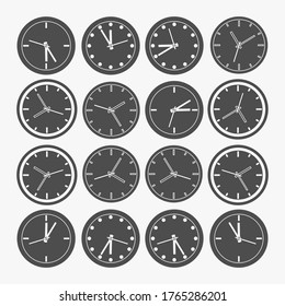 Conjunto de relojes redondos que muestran varias horas. Reloj mundial, zona horaria. Ilustración vectorial.