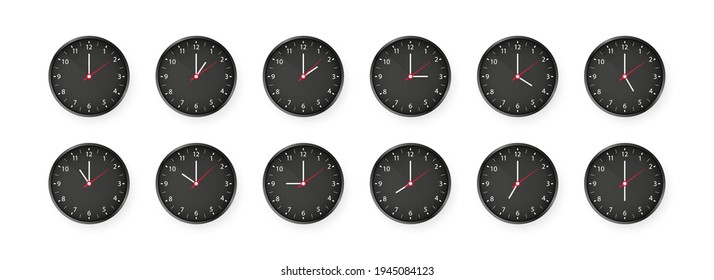 Set of round clocks showing various time. Simple classic round wall clock isolated on white background. Set of analog wall clocks with black frame and white hands. Vector Illustration