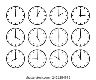 Satz von runden Uhren, die verschiedene Zeit anzeigen. Einfache und minimalistische Vektor-Illustration. Die Uhr zeigt eine andere Uhrzeit an einem Tag.