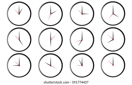 Set of round clocks showing various time isolated on white background. World clock, time zone. Vector illustration