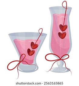 set of round cocktails glasses and long cocktail glass with pink drink and berries in the shape of hearts and red bows, valentine's day design