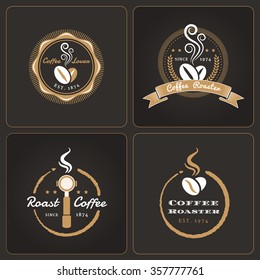 Set of round coffee shop badges and labels on dark background