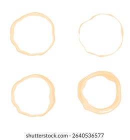 Set of round coffee stains isolated on white background. Collection of cup rings, tea stains, beverage marks, coffee splashes, drink traces, grunge circles. 