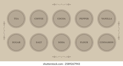 set of round coffee-colored stickers with a vintage frame for storing spices. kitchen stickers for cans in the pantry. tea, coffee, flour