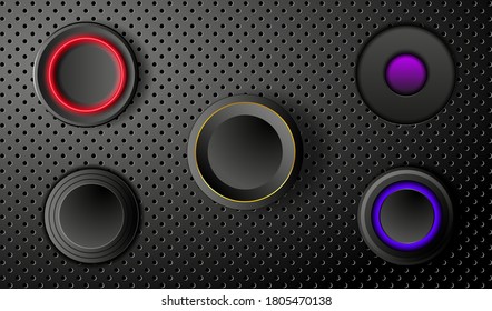 Conjunto de botones redondos de color para juegos, sitios web, aplicaciones o infografías. Fondo de metal perforado negro y botones redondos de diseño diferente. EPS10 vectores
