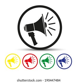 Set of round colored buttons. vector illustration Megaphone, loudspeaker icon