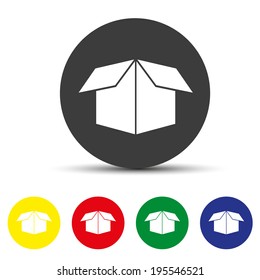 Set of round colored buttons. vector illustration Opened brown paper box with shadow, stock vector