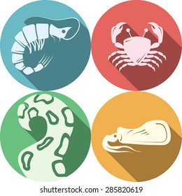 Set of round colored flat vector icons with white silhouette elements of seafood menu on white background with long shadows