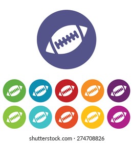 Set of round colored icons with image of a rugby ball