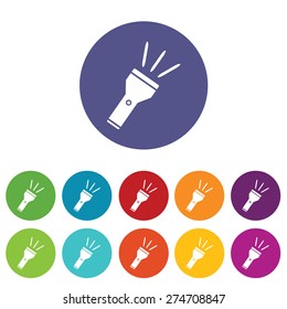 Set of round colored icons with image of flashlight