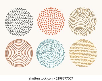 Set of Round Colorful Abstract. Hand Drawn Doodle Shapes. Drops, Curves, Lines, Freckles. Vector Illustration. Usable for Background, Social Media Icon, Highlight etc.