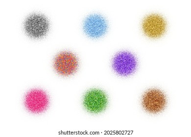 Set Of Round Colorful Explosion Of Confetti. Grainy Abstract Multicolored Texture Isolated On White Background. Flat Design Element. Vector Illustration, Eps 10.