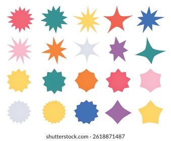 Set of round colorful star stickers. Blank star tags, sale labels. Flat round badges for discounts, promotions.