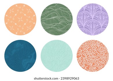 Set of round colorful textured backgrounds - hand drawn vector illustration. 