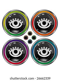 Set of round colorful vector buttons with look or eye icon on black background