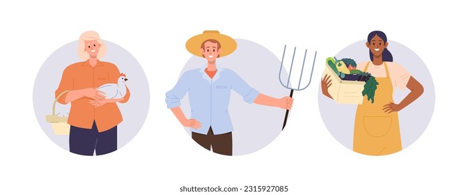 Set of round composition of agricultural worker, gardener, cultivator and farmer cartoon character