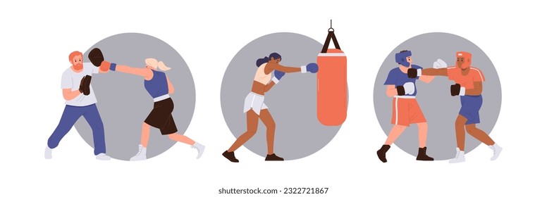 Set of round composition with boxing people character, sportive man woman boxer, trainer instructor