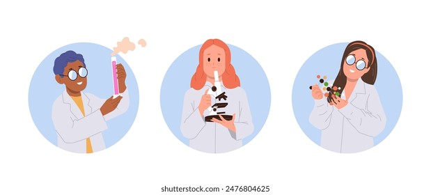 Conjunto de composición redonda con personajes de dibujos animados de niños felices que experimentan la profesión científica