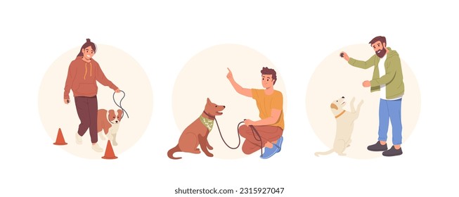 Set of round composition with pet owners and trainers characters working with dog training obedience