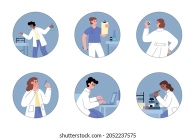 Set of round compositions with laboratory scientists producing coronavirus vaccine in flat vector illustration isolated. Development of drug for Covid-19 in chemical or biotechnological laboratory