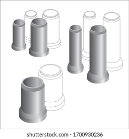 Conjunto de tubos redondos de hormigón en perspectiva, materiales de infraestructura. Ilustración vectorial para fondo coloreado, blanco o transparente.