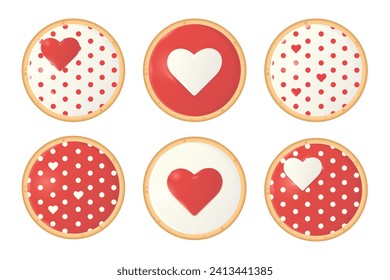 Set of round cookies decorated with red and white confectionery icing, hearts and polka dots. Cake for party, event, Valentine's day, birthday, wedding, anniversary, baby shower, date