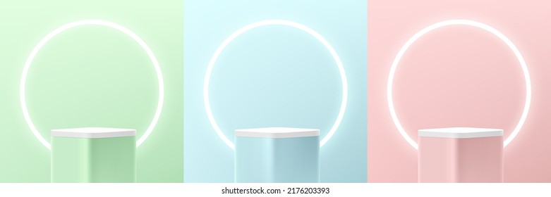 Set of round corner cube stand podium with circle neon light. Minimal green, blue and pink pastel scene. Abstract room. Vector geometric rendering 3d forms for mockup product display. Stage showcase.