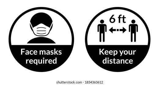 Set of Round Coronavirus Covid-19 Instruction Sticker Icons including Face Masks Required and Keep Your Distance 6 ft or 6 Feet. Vector Image.