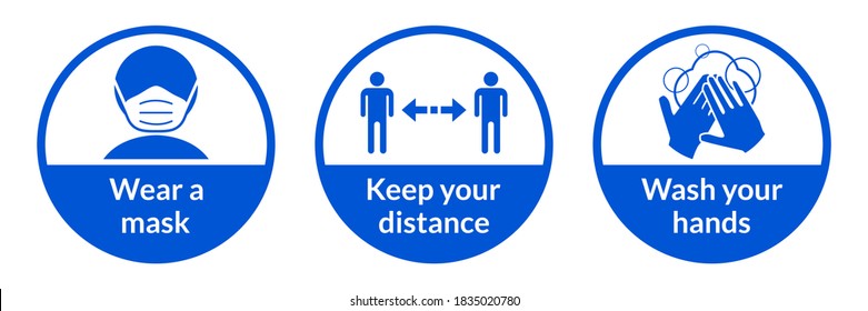 Conjunto de Iconos de pegatinas de instrucciones de la Ronda Coronavirus Covid-19, que incluyen el uso de una máscara, la conservación de la distancia y el lavado de las manos. Imagen vectorial.