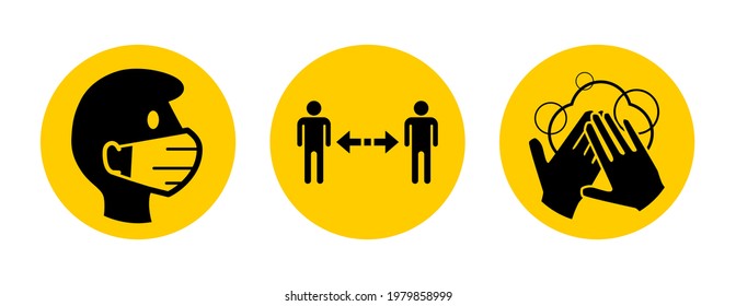 Set of Round Coronavirus Covid-19 Instruction Sticker Icons including Wear a Mask, Keep Your Distance and Wash Your Hands. Vector Image.