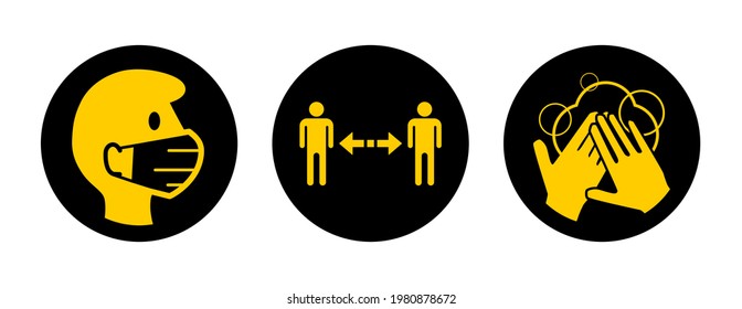 Set of Round Coronavirus Covid-19 Instruction Sticker Icons including Wear a Mask, Keep Your Distance and Wash Your Hands. Vector Image.