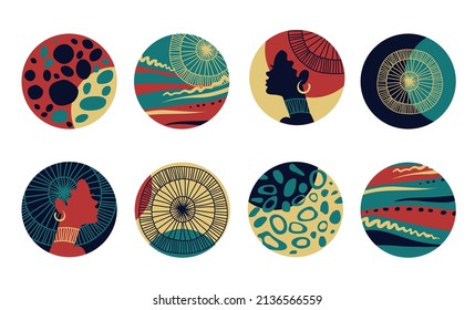 Set of round covers with woman and African motifs. 
Highlight story cover icons for social media, covers, stickers. Flat design in dark colors, black, emerald, red and beige.