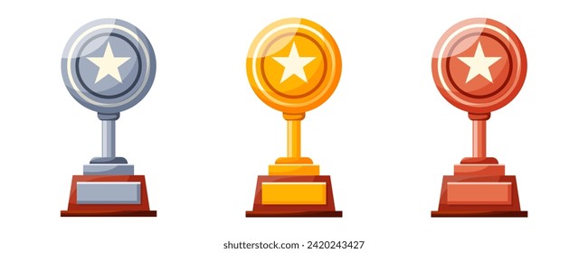 Set of round cups with stars. Winners cups, awards. Champions trophy, winning goblets. Prize reward icons. Shiny champion's cups for championships. Symbols of victory in a sporting event, competition