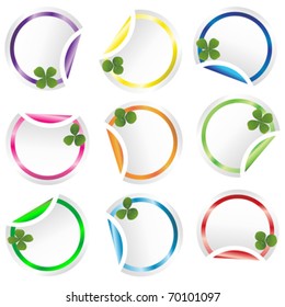 Set of round curled stickers corners with clovers for St. Patrick's Day