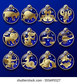 Set of round dark blue icons with gold zodiacal signs with figure, symbols and stars against a blue background