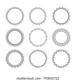 Set of round decorative borders. Collection of circle frames. Elements for graphic design. Vector illustration.