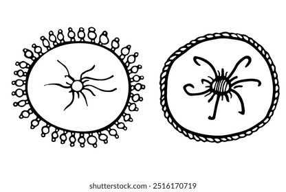 Set of round decorative cushion. Doodle home bedroom pillows. Cozy hand drawn bedding lay in stack. Interior comfortable elements. Vector textile sleeping accessories. Isolated on white background.
