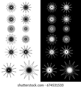 Set of round decorative design elements. Kaleidoscope icons, flowers, stars and snowflakes, black and white versions. Isolated symbols. Vector