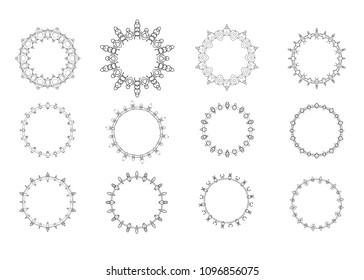 Set of round decorative frames. Kit of black elements  for decoration. Vintage black circulars borders isolated on white background. Vector illustration.