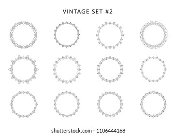 Set of round decorative frames. Kit of black elements  for decoration. Vintage black circulars borders isolated on white background. Vector illustration.