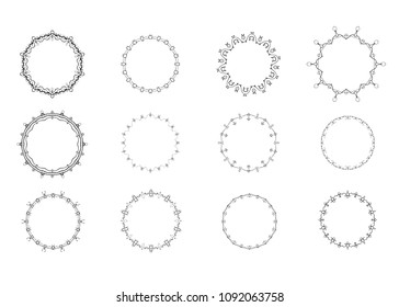 Set of round decorative frames. Vintage black circulars borders isolated on white background. Vector illustration.